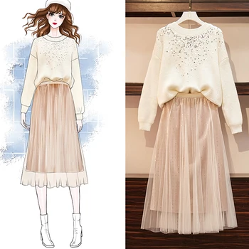 

new winter large size ladies' sweater pleated skirt sequins pullover sweaters top sister two pcs leisure suits 2 pcs clothing