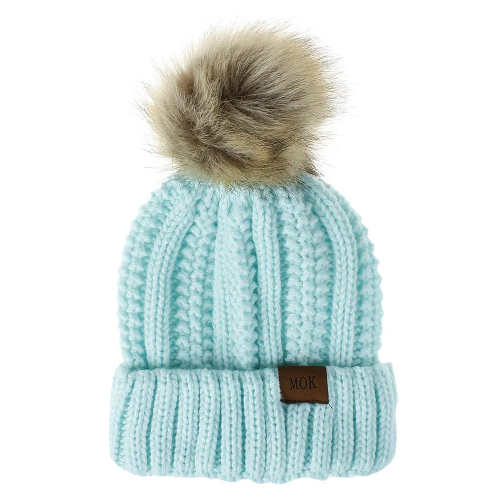 Дизайн, новая теплая зимняя однотонная Повседневная вязаная шерстяная шапочка для девочек, шапка с меховым помпоном, Лыжная шапка