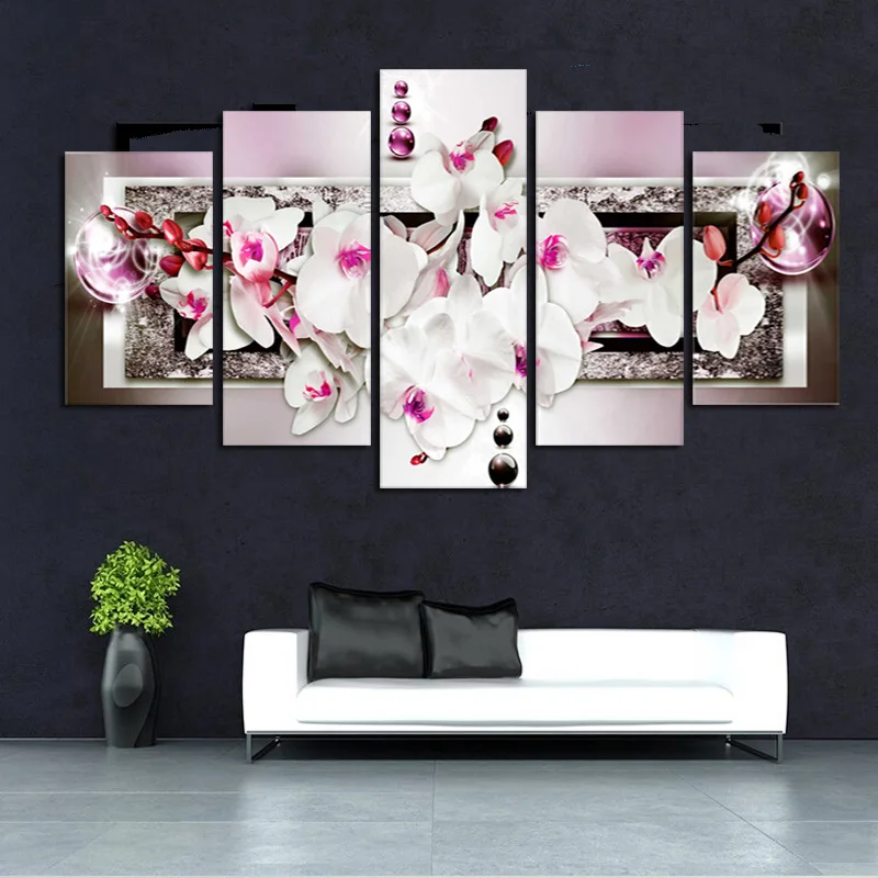 

High-definition Abstract Modern Home Decoration Canvas Airbrush Painting Wall Painting 5-frame Joint Pink White Flowers Cross Bo