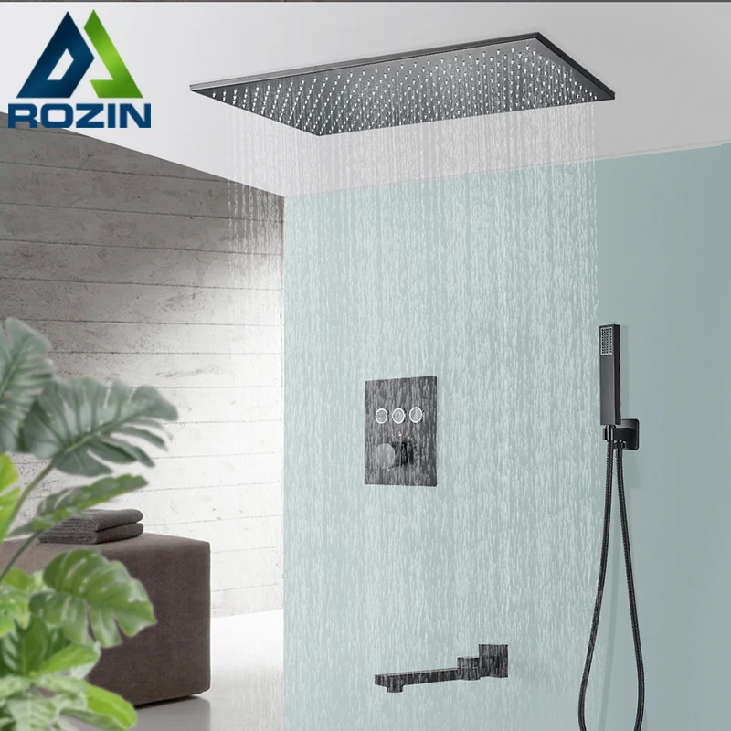 Bathroom Shower Faucet Set Bathroom Faucet Rozin Matte Black Thermostatic Shower Faucet Concealed Install Bathroom Faucets Ceiling Rainfall Big Size Head Shower Mixer Tap