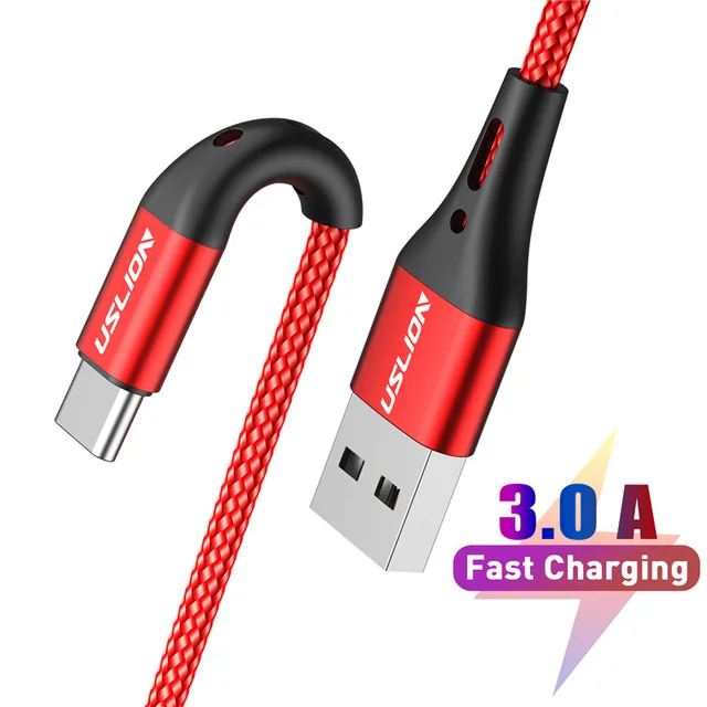 USLION 3A 3m USB Type C Cable For Xiaomi Redmi Note 10 Fast Phone Charging Wire USB C Cable For Huawei P40 Mate 30Type C Charger Red