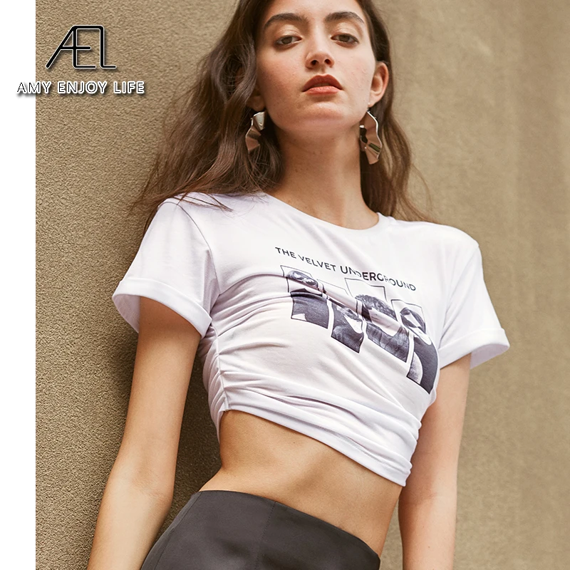 

AEL white Print T-Shirt Women Short Sleeve O Neck Tshirt sexy crop top 2020 Women Tee Shirt