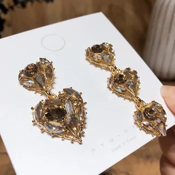 

Luxury Champagne Full Crystal Heart Drop Earrings Elegant Asymmetry Dangle Party Jewelry For Women Pendientes Moda Brincos