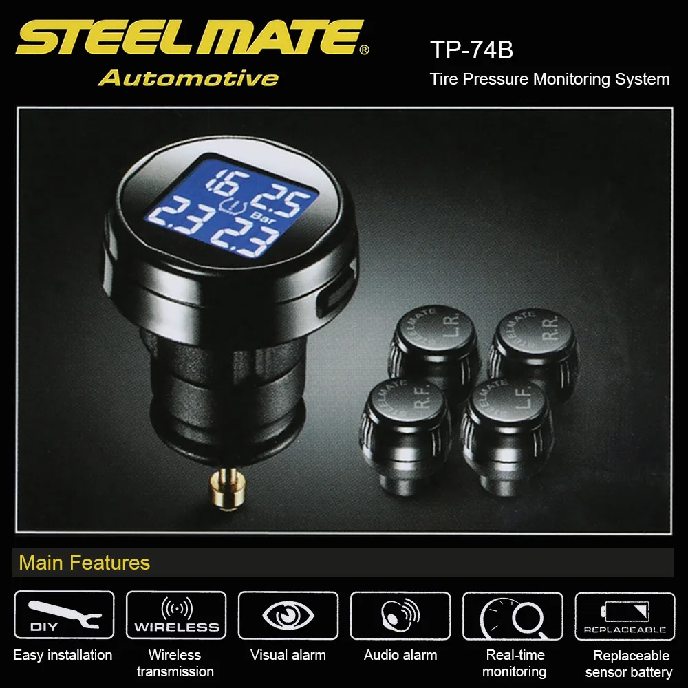 

Steelmate TPMS Tire Pressure Monitor System TP-74P/B 4 Sensors Wireless DIY Car Alarm System with LCD Display