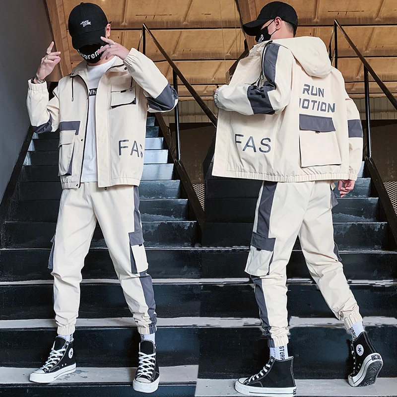 

2020 Workwear Jacket Men's Hooded Jacket+Pants 2PC Sets Loose Hip Hop Tracksuit Mens Coat & Long Pants Mens Clothing Streetwear