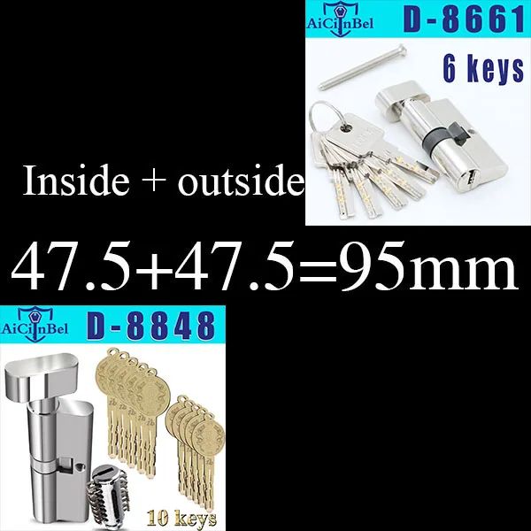 Европейский стандарт, дверной цилиндр, медный замок, цилиндр, внутренний, для спальни, гостиной, безопасная дверная ручка, латунный замок для ключей - Цвет: 95mm47.5add47.5