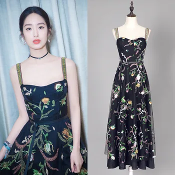 

New star s same heavy industry embroidery off shoulder dress long suspender high end dress
