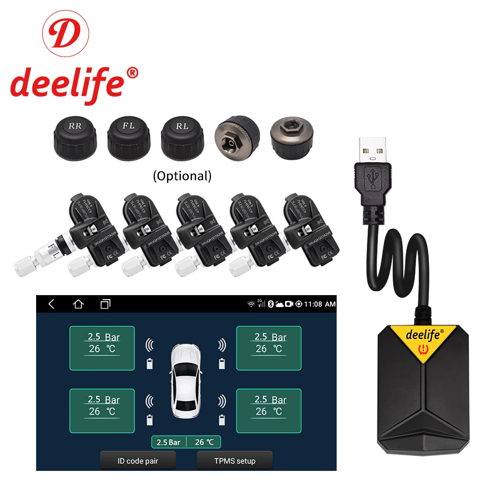 Deelife-Reproductor de DVD y radio de coche, sistema reproductor de multimedia con supervisión de presión de neumáticos, neumático de repuesto, sensor externo e interno, conexión USB TMPS para vehículo