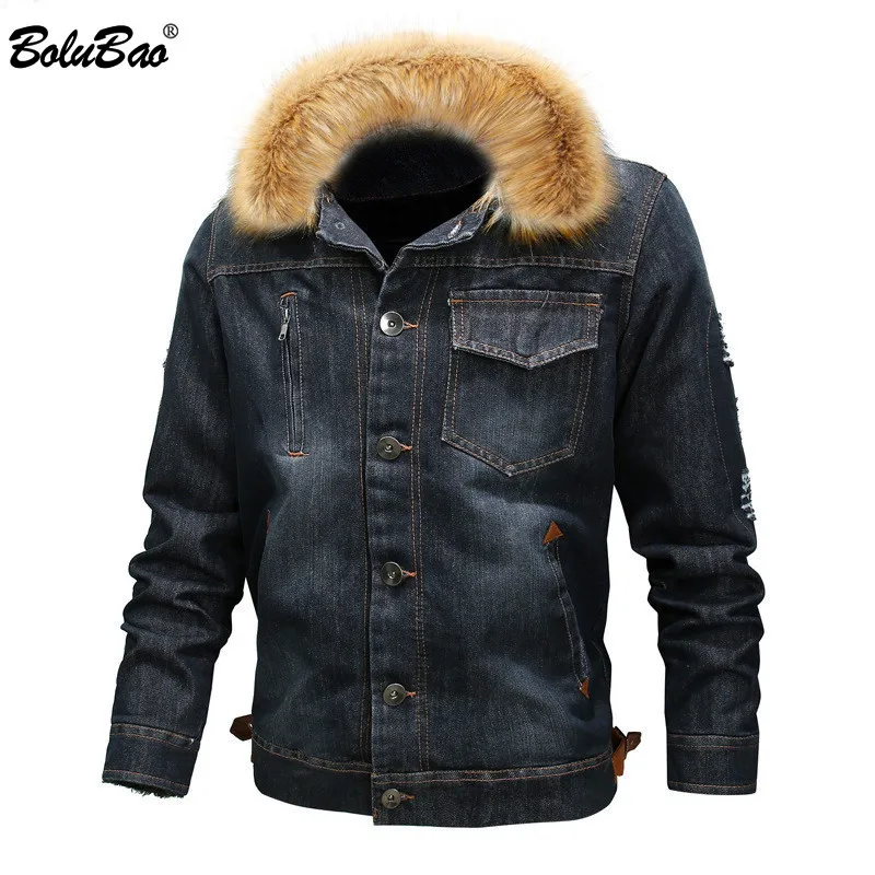 

BOLUBAO Fashion Brand Men Denim Jackets Winter Men's Casual Washed Denim Jacket Male Fur Collar Thick Denim Jacket Coats