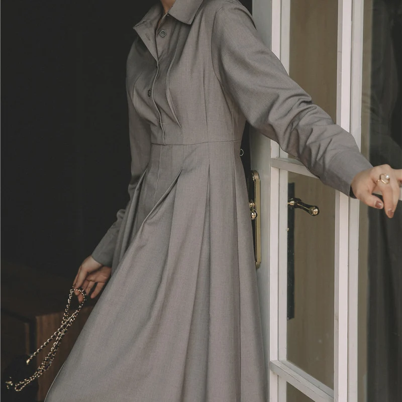 XITAO Grey Vintage Dress Women Elegant Long Sleeve Dresses Turn Down Collar Slim Was Thin Temperament Women Clothes DMY2296