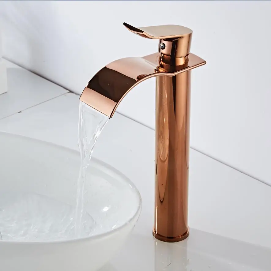 Basin Faucet Rose Gold Waterfall Faucet Brass Bathroom Faucet Bathroom Basin  Faucet Mixer Tap Hot and Cold Gold Sink faucet