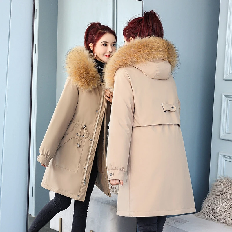 

LINGWAVE 2020 Winter Female Fur Lining Thick Coat -20 Degrees Snow Wear Mid-Length Parkas Jacket Women Fur Hooded Outerwear