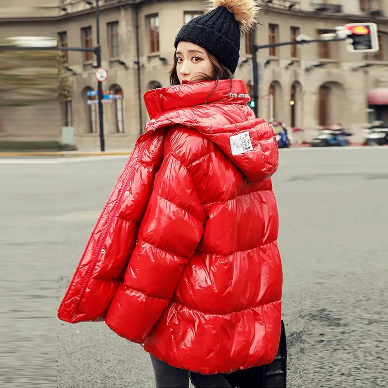 Winter Down Coat Women Fashion shine! 90% white duck down fluffy Red DownJacket Female Fashion Warm Hooded Waterproof Jackets