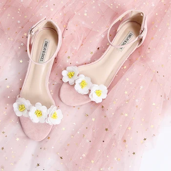 

Fresh Sweet Flat Open Toe Coming of Age Ceremony Women's Shoes Low Heel Flower Summer Casual Comfortable Pink Women's Sandals