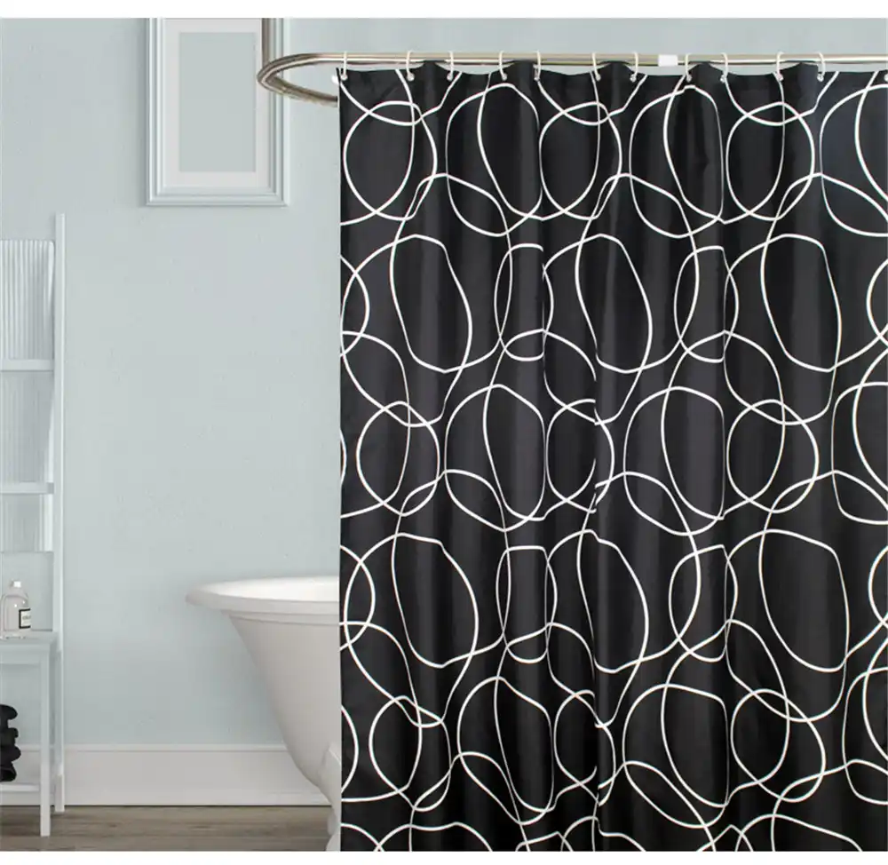 Waterproof Fabric Grey Shower Curtain Rings Hooks Set Bathroom Bath Mildewproof