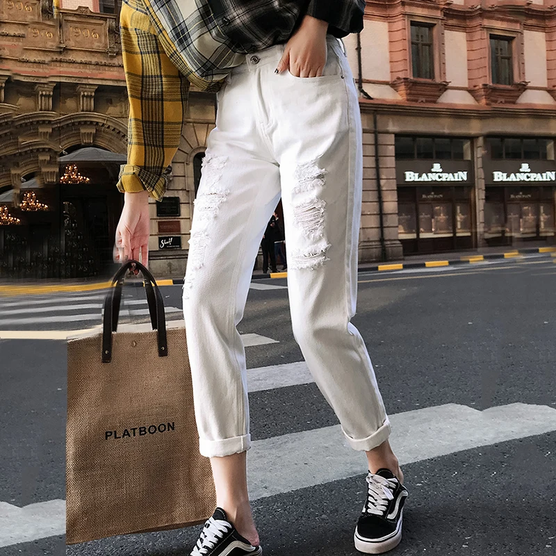 찢어진 하렘 청바지 여자 높은 허리 남자 친구 청바지 플러스 사이즈 블루 블랙 화이트 데님 엄마 청바지 바지 바지