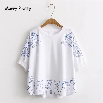 

MERRY PRETTY Cotton Women's Cartoon Cat Print Harajuku T Shirts Short Sleeve O-Neck Summer T Shirt Femme Casual Basic Tops Tees