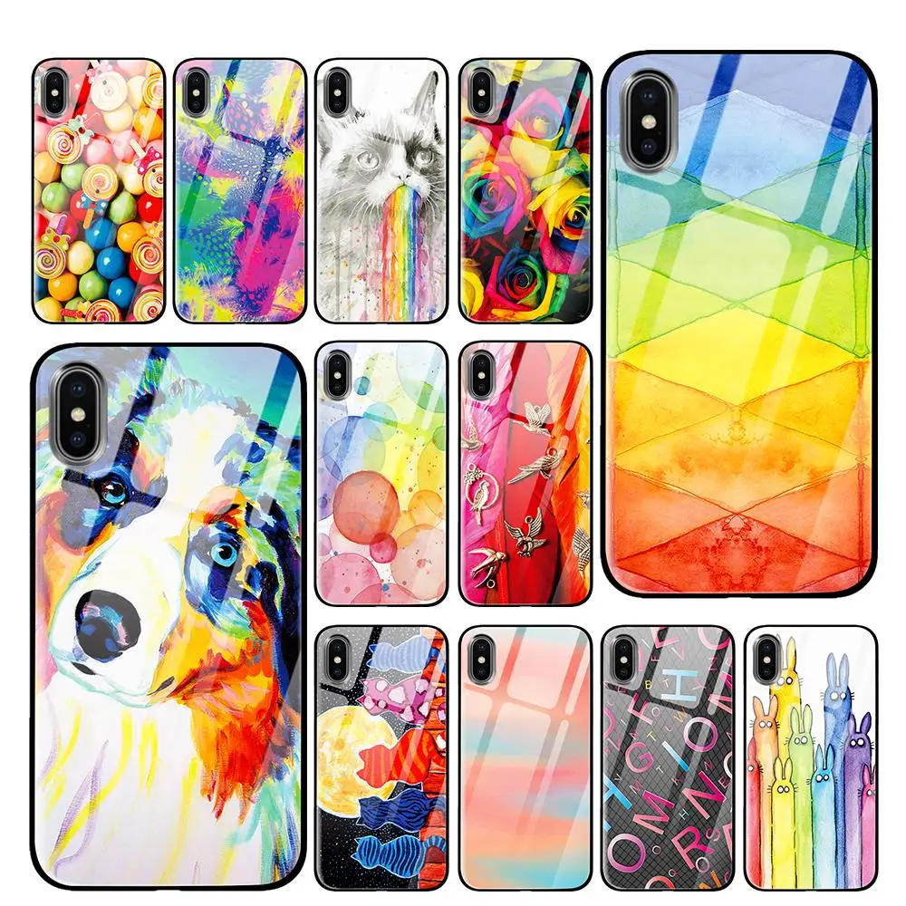 Роскошные Радуга, Роза Кот кролик закаленное стекло телефонные чехлы для iPhone 5 5S SE 6 6s 7 8 Plus X XS Max XR задняя крышка