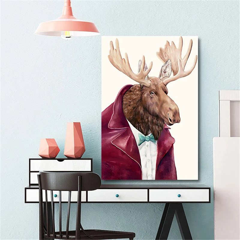 60x80cm Nordic Wall Art Prints Animals Cool Cat Fox Dog Sika Deer owl Canvas Painting for Kids Living Room Home Decor Posters
