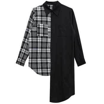 

Z-zoux Women Shirt Patchwork Irregular Plaid Long Womens Tops Blouses Asymmetry Color Matching Loose Casua Blouse Women 2019 New