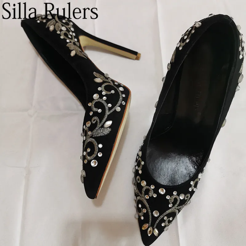 Silla liners/пикантные туфли лодочки на высоком каблуке с вышивкой и серебряной нитью