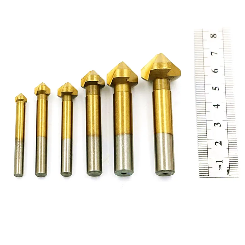 

6pcs Citop Titanium Drills 3 Flutes 90 Degree Chamfering HSS Metals Three Edge Chamfer Round Shank Drill Bit Set Milliling Tools