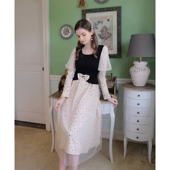 

Original Design AIGYPTOS Spring Women Vintage Elegant Slim Dresses Sweet Long Sleeve Polka Dots Mesh Patchwork Midi Dresses