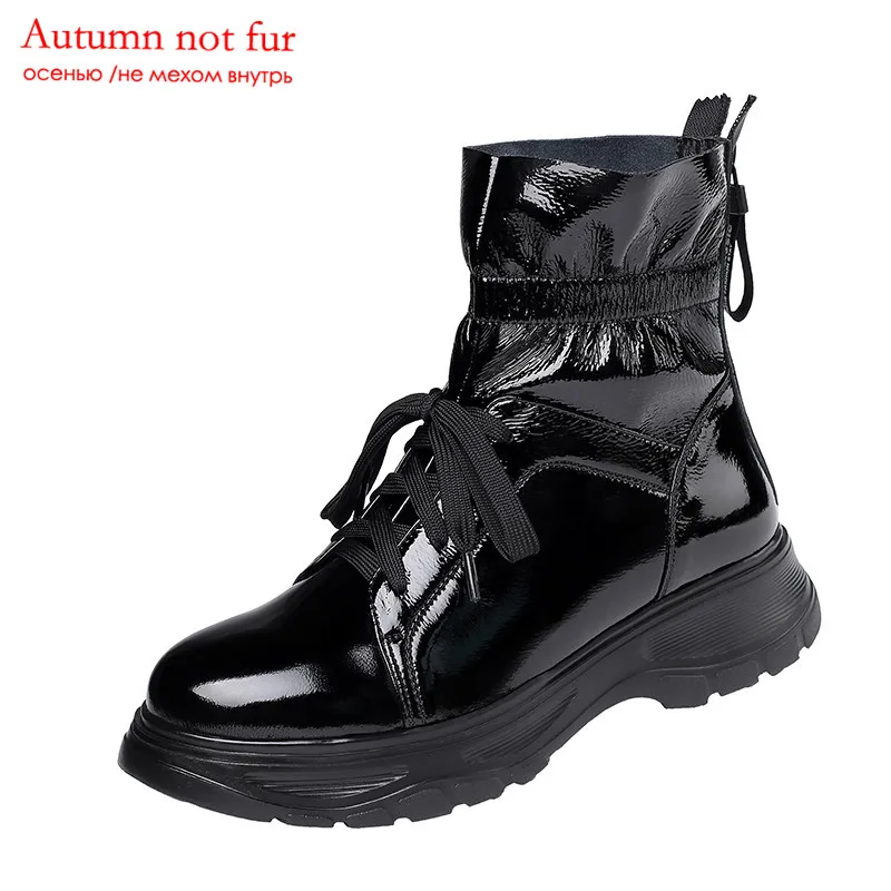 black not fur MORAZORA/ г., обувь из лакированной кожи наивысшего качества женские ботильоны осенне-зимние полусапожки на шнуровке женская обувь на плоской платформе - Цвет: black not fur