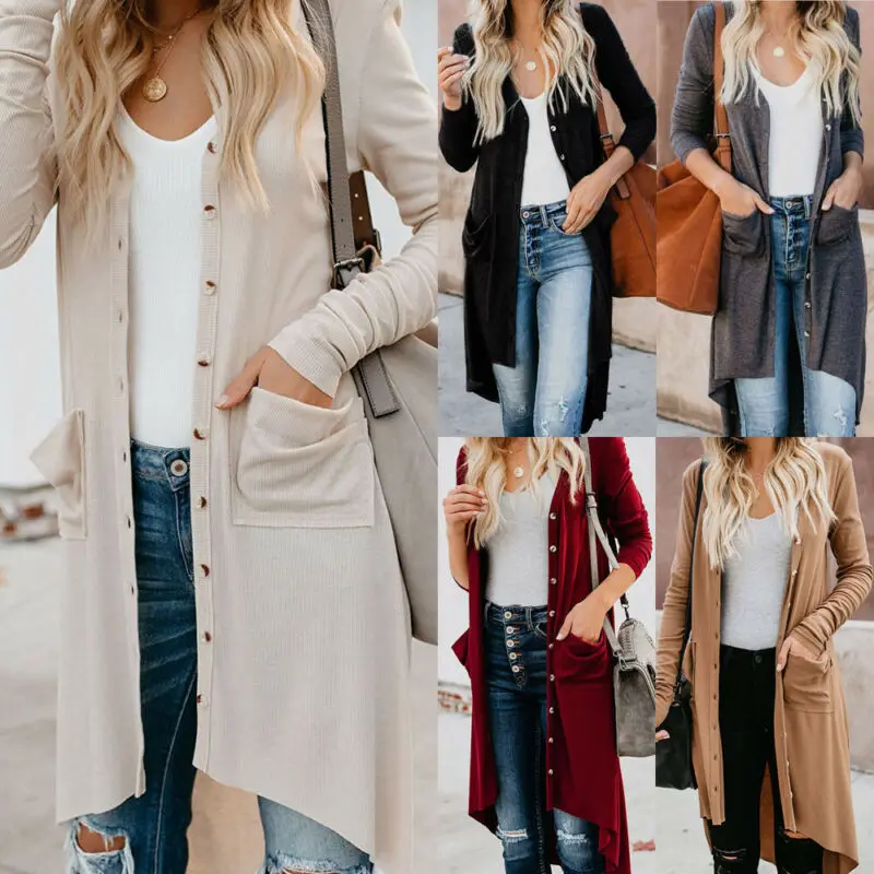 

New Women Snap Button Sweater Cardigans V Neck Long Sleeve Ribbed Detail Knit Spring Fashion Simple Girls Long Knit Sweater Coat