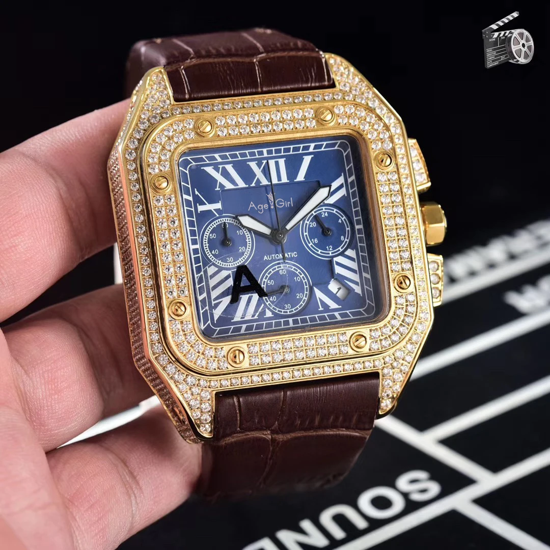 Gold Blue Роскошные брендовые новые мужские часы с хронографом и сапфировым сапфиром, полный Чехол со льдом и бриллиантами, Цвета: розовое золото, серебро, все черные кожаные спортивные часы, лимит - Цвет: Gold Blue