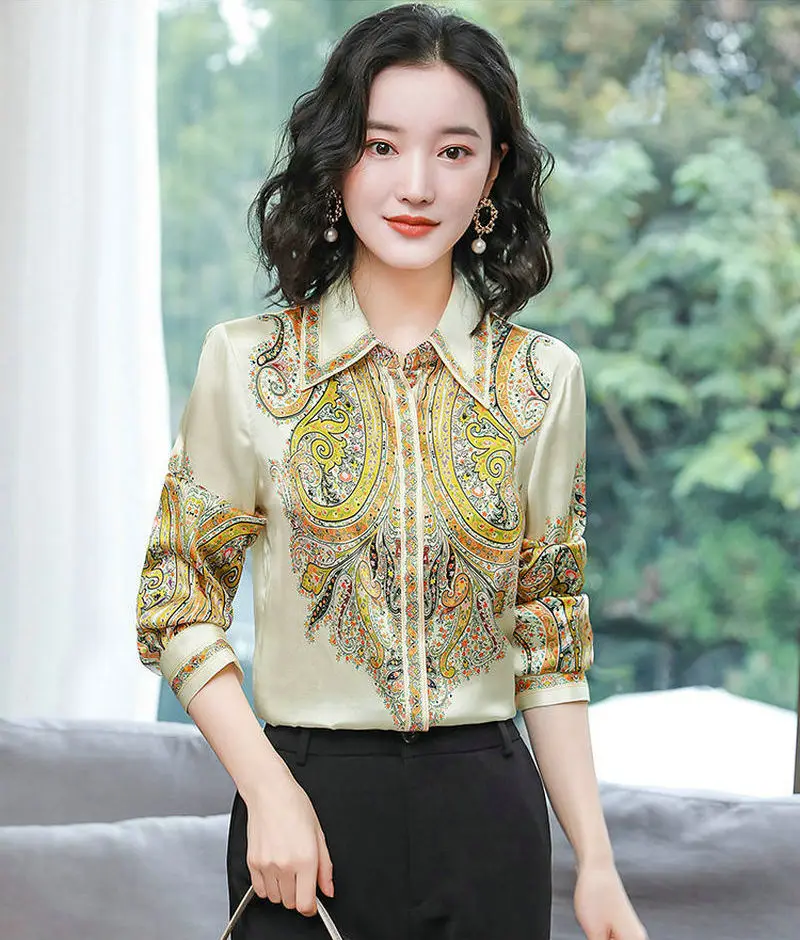 

Autumn Fashion Button Up Satin Silk Shirt Vintage Blouse Women Lady Long Sleeves Female Loose Street Shirts