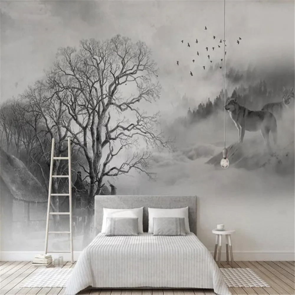 

milofi factory custom wallpaper mural 3D Nordic black and white foggy pine bird wolf group background wall paper mural
