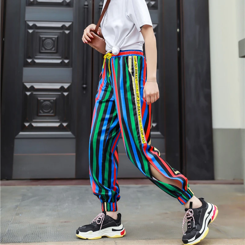 Pantalones Jogger Color brillante estilo callejero, pantalones de chándal, pantalones de chándal cintura elástica, pantalones con abertura lateral para mujer|Pantalones pantalones capri| - AliExpress