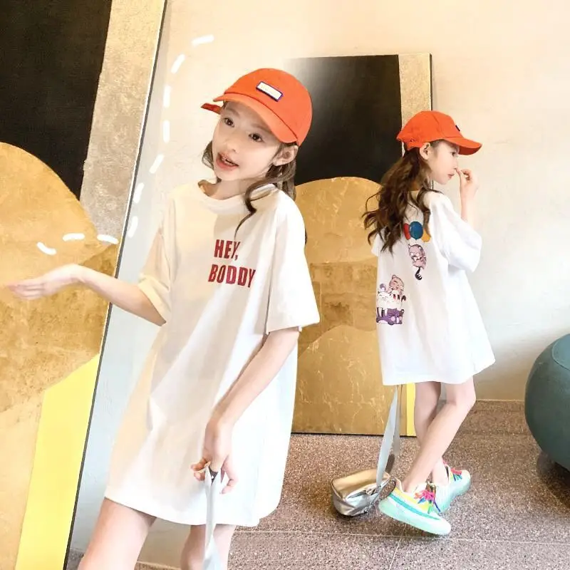 

Kids Girls Summer Cartoon Clothing Long T-Shirt for Girls Fashion Cotton T-Shirt Teenage Summer Tee Casual Tops 4 6 8 10 12 13Y