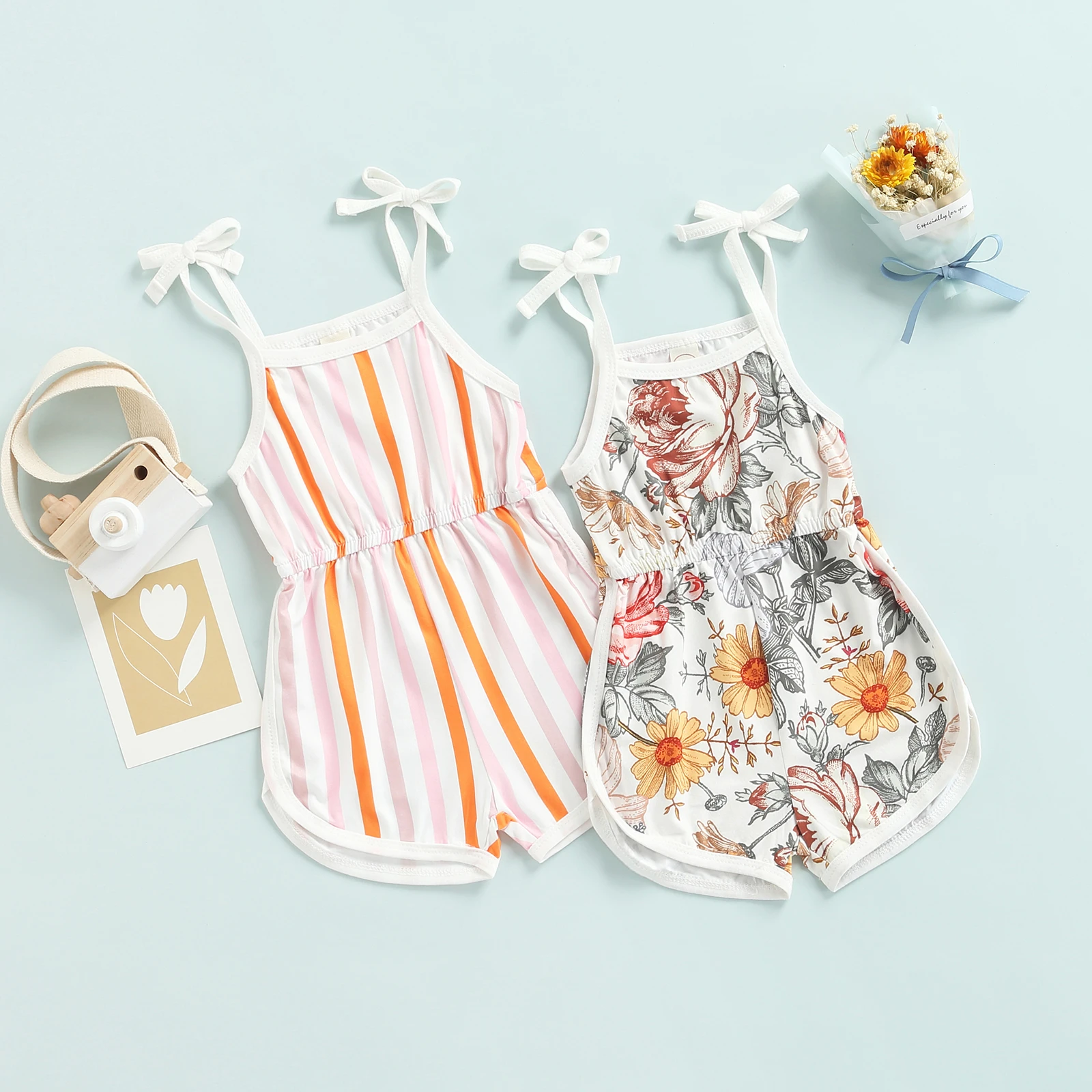 9M-3Years Baby Girl's Romper, Flower/Stripe Pattern Sleeveless Tie-Up Shoulder Strap Infant Toddler Girl Sling Playsuit Newborn Knitting Romper Hooded 
