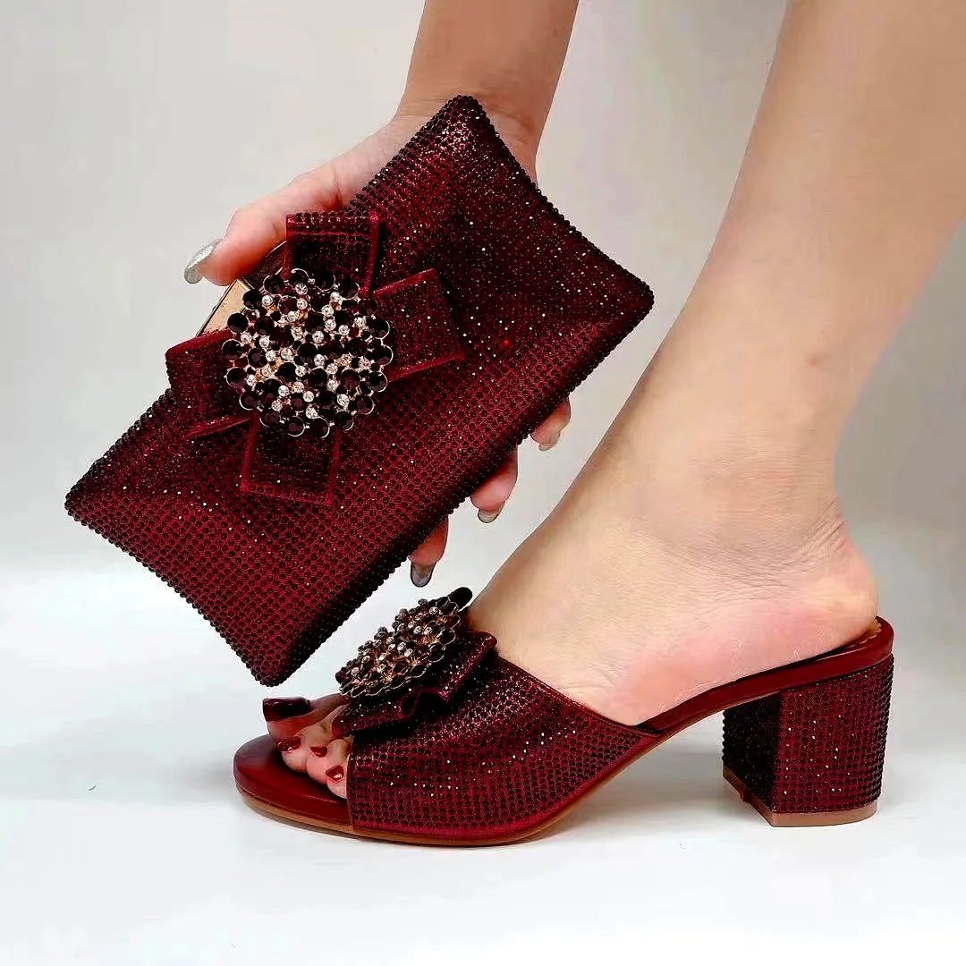 

Gorgeous Wine Women Shoes Match Bow-knot Purse With Rhinestones Decorate African Dressing Pumps And Handbag Set A1076,Heel 5.5CM