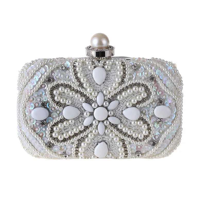 

2023 Handmade Women Beads Evening Clutch Diamond Flowers Dinner Purse With Chain Single Pearls Banquet Bags For Ladies mn1491