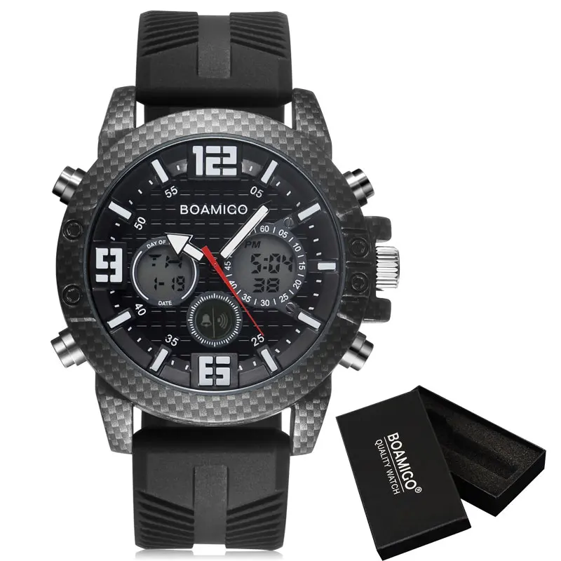 BOAMIGO, роскошные брендовые часы, мужские спортивные часы, светодиодный цифровой аналоговый кварцевые мужские военные наручные часы, мужские часы - Цвет: black with box