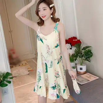

Free Eye Mask with Chest Pad Nightwear Ladies Summer Cute Strap Nightgown Loose Printed Home Nightdress Cotton Spaghetti Strap