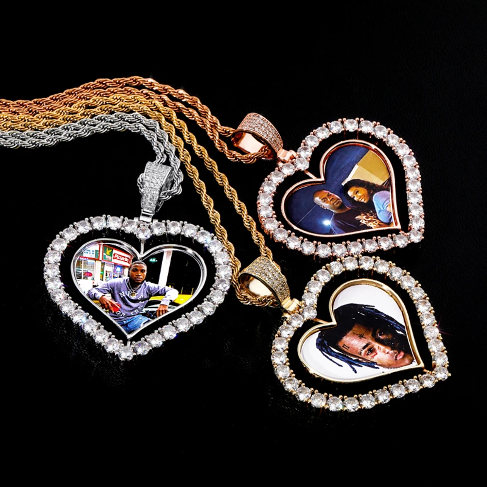 TOPGRILLZ Heart Shaped Custom Photo Spin Double Sided Medallion Pendant Necklace With 4mm Tennis Chain Zircon Hip Hop Jewelry