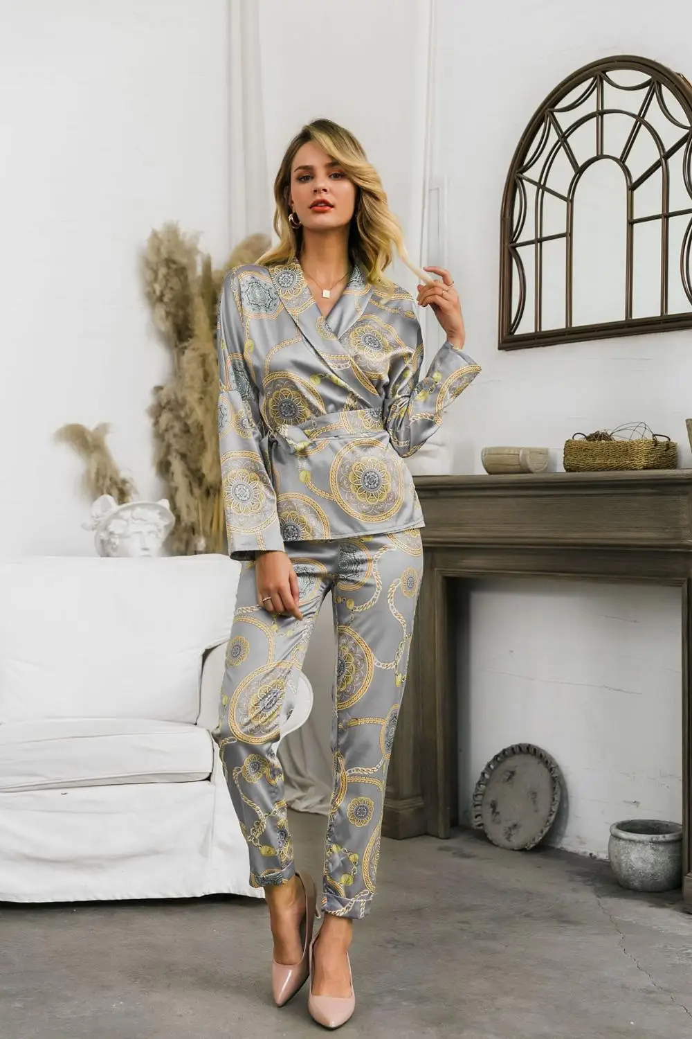 

Adogirl Women Satin Floral Print Vintage Two Pieces Set Sash Lace Up Loose Casual Suits Long Nightwear Elegant Femme Clothes
