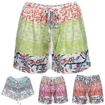 

Bohemian Leaves Print Summer Beach Drawstring Shorts High Waist Short Hot