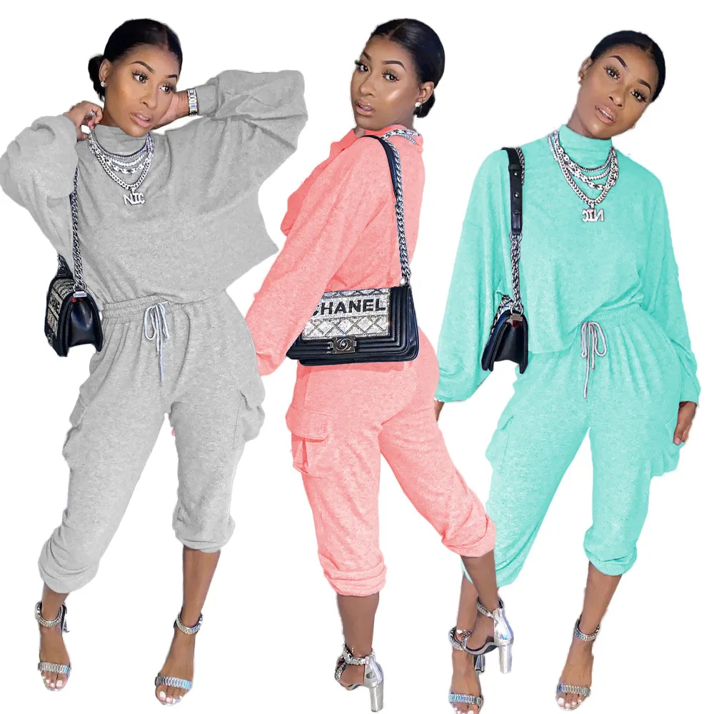 

Solid Color Loose Long Sleeve Round Neck Tops & Drawstring Lace Up Sweatpants Jogger Women Two Piece Outfits Autumn Clothes