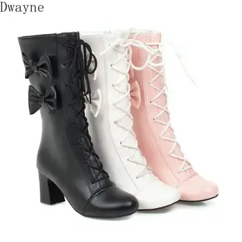

2020 fashion autumn and winter mid boots women's middle-heeled sweet pink Lolita side zipper student bow Martin boots women