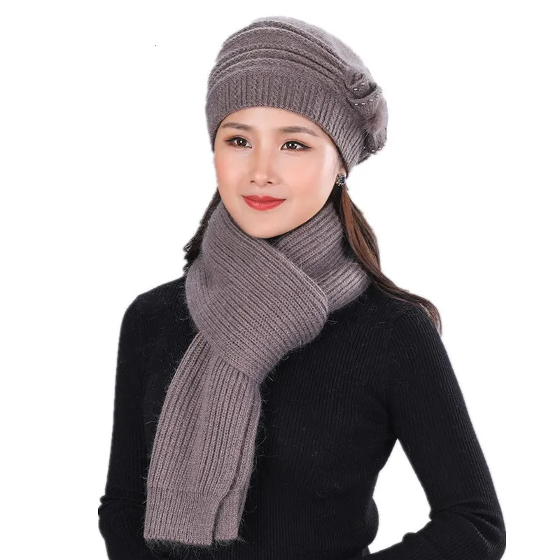 Mother's Nnew Year Gift Rabbit Knit Cap Scarf The Elderly Women's Autumn And Winter Warm Hat Scarf Female Winter Hat Twinset