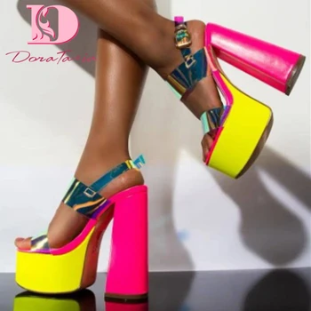 

DoraTasia 2020 New Arrivals Big Size 43 Women Sandals Hoof Heels Peep Toe Platform Mixed Colors Pumps Summer Party Woman Shoes