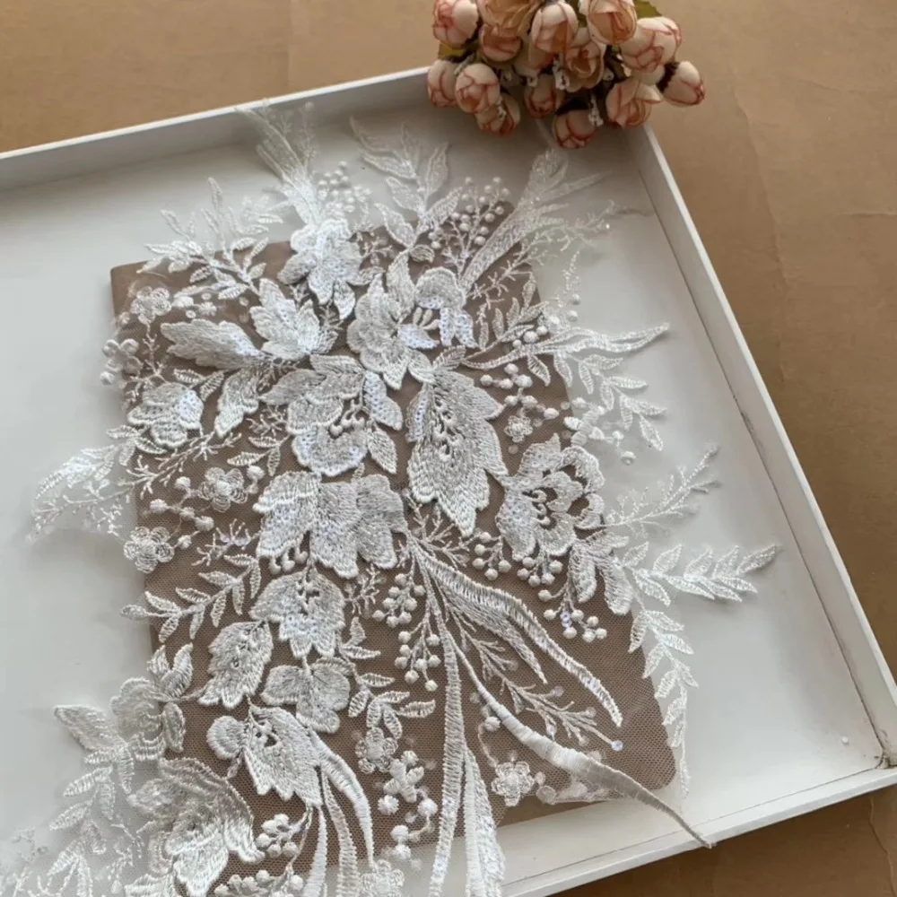 60*32 см белая вышивка бисером кружева аппликация Diy свадебная одежда патчи аксессуар X749
