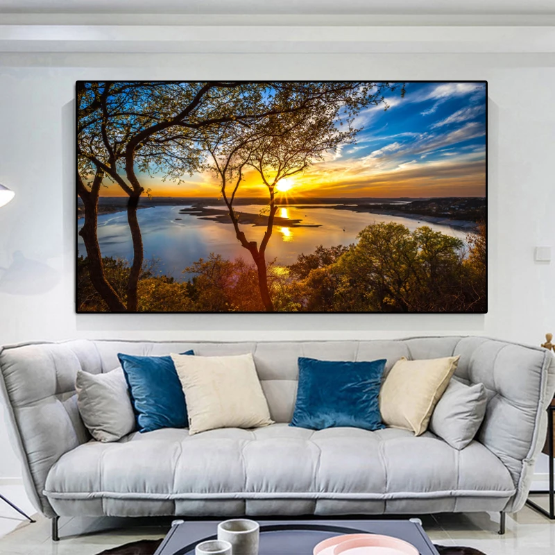 

Canvas Painting Landscape Posters and Prints Sunset Tree and Ocean Clouds Wall Art Pictures for Living Room Cuadros Home Decor