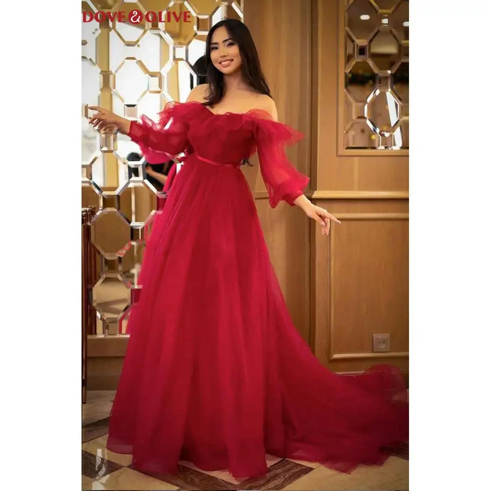 

Princess Off Shoulder Long Sleeves Evening Dresses 2020 Burgundy Sweetheart Tulle Sweep Train A Line Prom Gown robe de bal femme