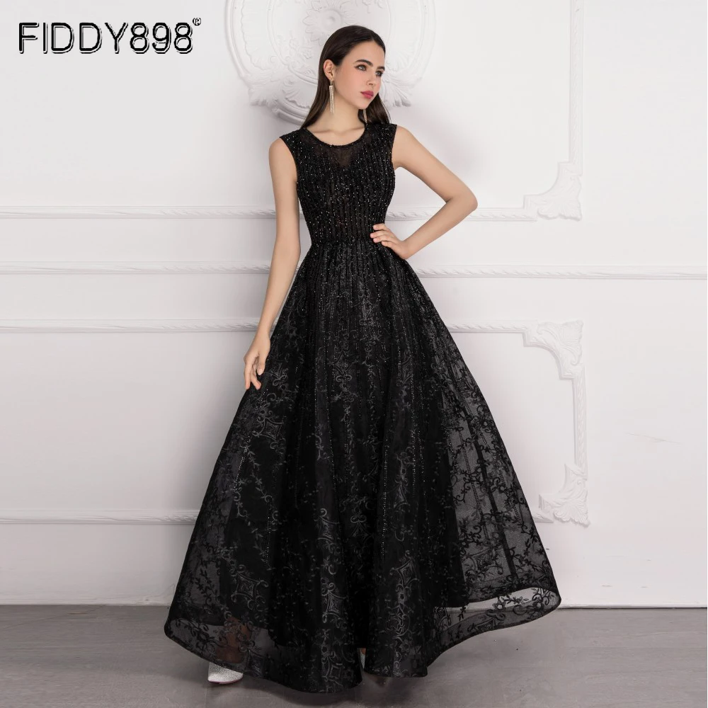 

Black Formal Dress Women Elegant Long Lace Evening Gowns 2020 A-line Crystal Beaded Party Dresses Abendkleider Lang ASA-0148